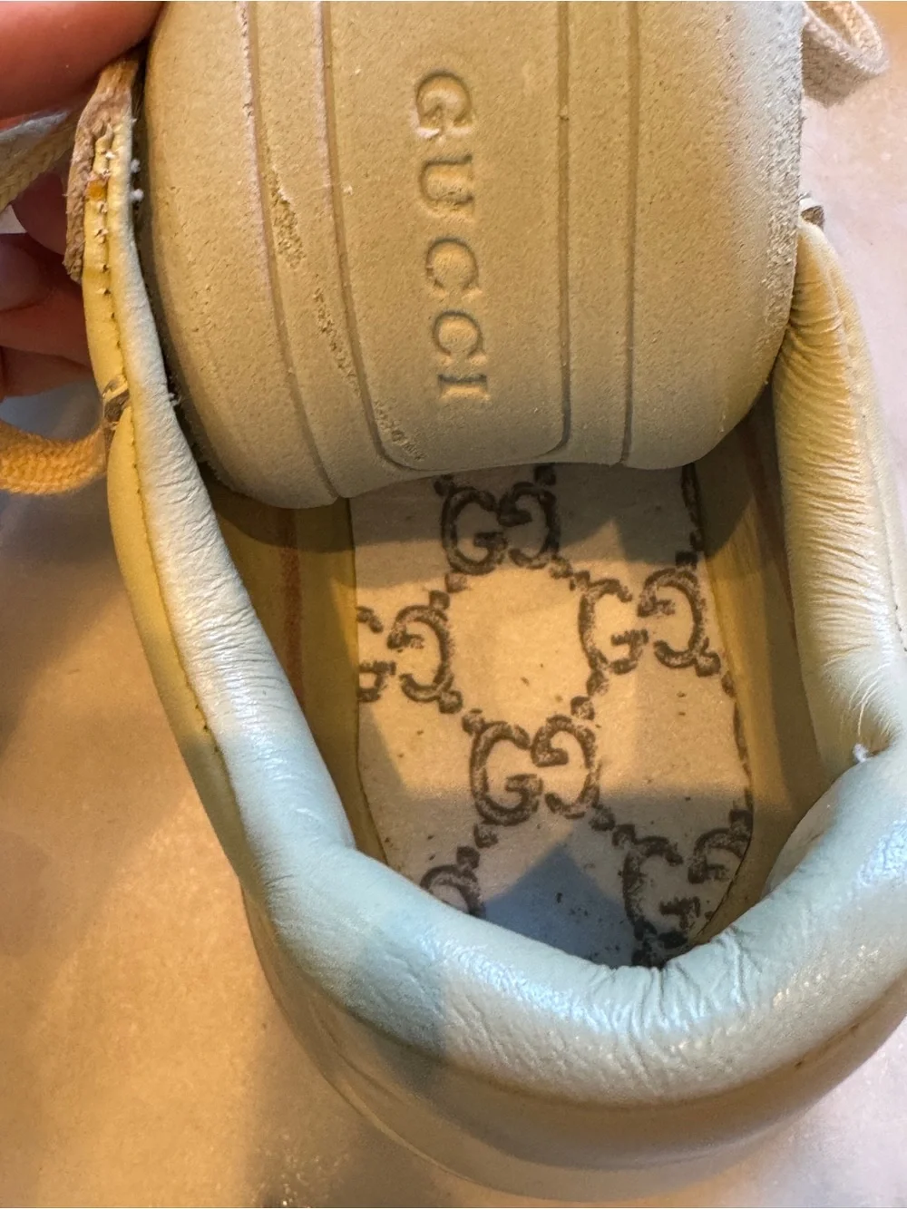 Vintage Sample Gucci Rhyton Cream Leather Tennis Shoes with Crossed Racket Logo